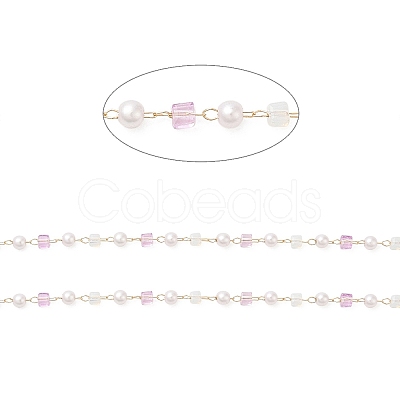 Faceted Cube Glass & ABS Plastic Imitation Pearl Beaded Chains CHS-G026-02KCG-02-1-1
