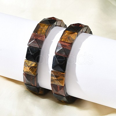 Square Natural Tiger Eye Beads Stretch Bracelets for Women Men BJEW-C097-06U-1