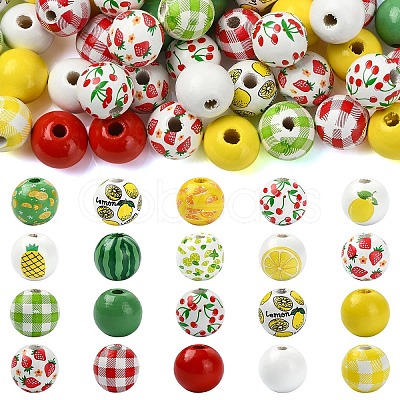 100Pcs 10 Styles Spray Painted Round Natural Schima Wood Beads WOOD-YW0001-85-1