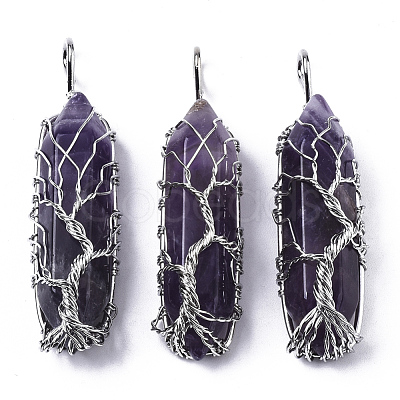 Natural Amethyst Big Wire Wrapped Pointed Pendants G-T133-P02C-1