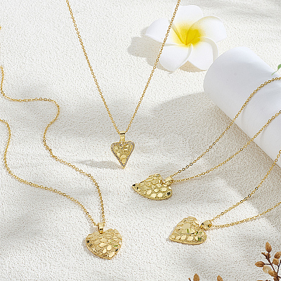 4Pcs 4 Styles Valentine's Day Brass Textured Heart Pendant Cable Chain Necklaces for Women NJEW-PH0001-53-1