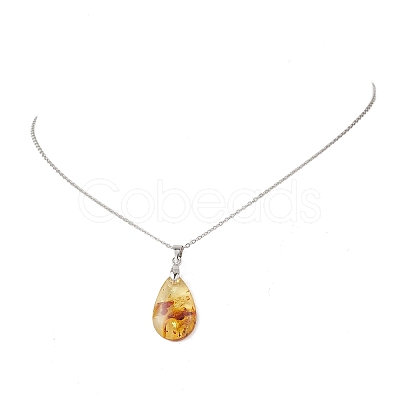 Natural Amber Teardrop Pendant 304 Stainless Steel Cable Chain Necklaces NJEW-JN05983-02-1
