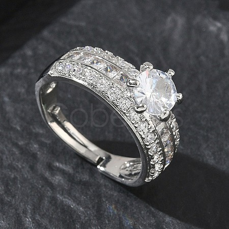 Adjustable Brass Finger Rings with Round Cubic Zirconia Center & Baguette Accents for Women CU-CBA7E55-16P-1