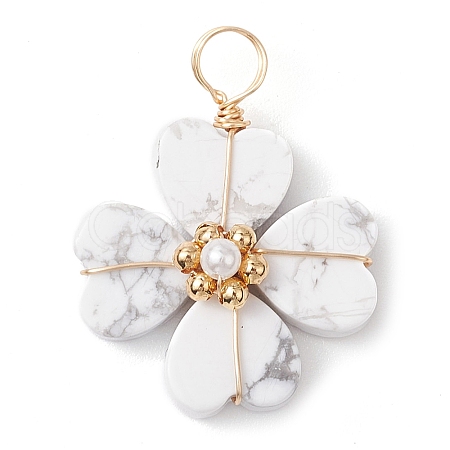 Natural Howlite Clover Pendants PALLOY-JF03180-01-1