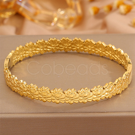 304 Stainless Steel Lotus Flower Hinged Cuff Bangles for Women WGFB475-01-1