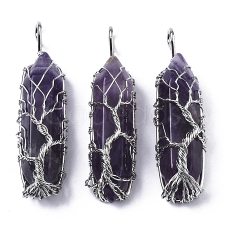 Natural Amethyst Big Wire Wrapped Pointed Pendants G-T133-P02C-1