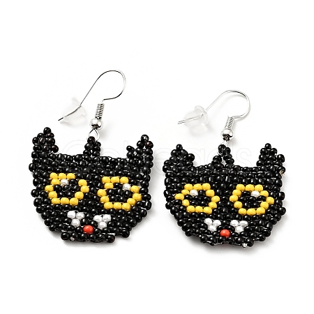 Glass Seed Braided Cat Dangle Earrings LS-EJEW-B012-11-1