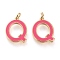 Brass Enamel Pendants, with Jump Ring, Long-Lasting Plated, Real 18K Gold Plated, Letter.Q, Hot Pink, Letter.Q, Q: 18x14x1.8mm, Jump Rings: Inner Diameter: 3mm