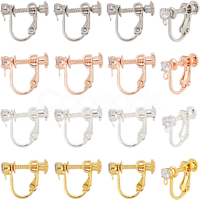 32Pcs 4 Colors Brass Micro Pave Cubic Zirconia Screw Clip-on Earring Findings KK-SC0005-55-1