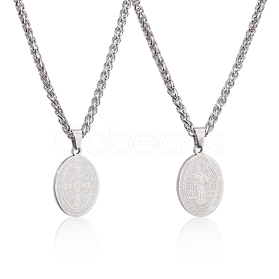 2Pcs Stainless Steel Saint Benedict Oval Medal Pendant Wheat Chain Necklaces NJEW-DC0001-20P-1