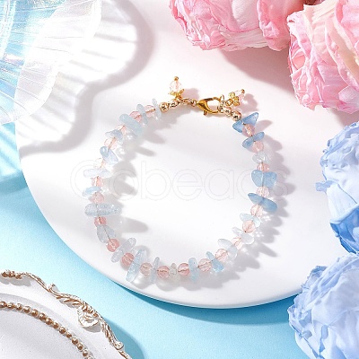Cherry Quartz Glass & Natural Aquamarine Chips Beaded Bracelets for Women BJEW-JB12526-02-1