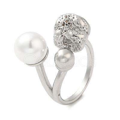 304 Stainless Steel Round Ball Open Cuff Ring with ABS Plastic Imitation Pearl RJEW-G297-02P-1