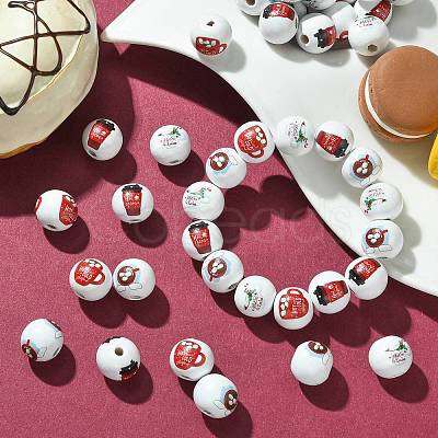 80Pcs 4 Styles Coffee Printed Wooden European Beads WOOD-CJ0001-82-1
