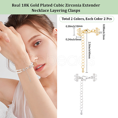 4Pcs 2 Colors Brass Micro Pave Clear Cubic Zirconia Ends with Chains FIND-BBC0005-22B-1