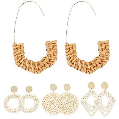4 Pairs 4 Styles Rattan Dangle Stud Earrings EJEW-SP0001-16B-1
