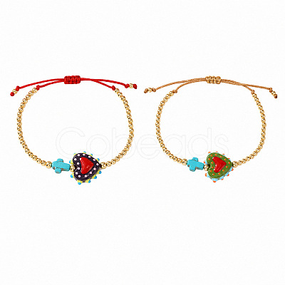 2Pcs 2 Colors Dyed Synthetic Turquoise Cross and Glass Heart Braided Bead Bracelets for Women PE0777-1-1