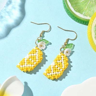 304 Stainless Steel Glass Seed Beads Lemon Dangle Earrings EJEW-MZ00556-1