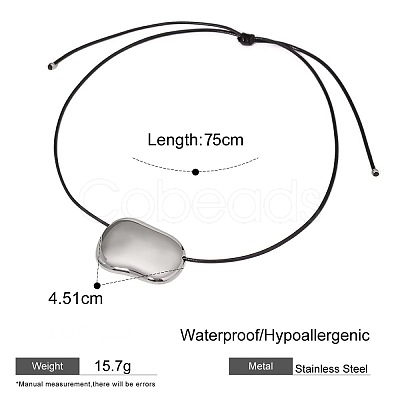 304 Stainless Steel Bean Pendant Adjustable Black Waxed Cord Necklaces for Women FS-WGC253F-01-1