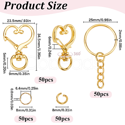 150Pcs 3 Styles Heart Shape Zinc Alloy Swivel Lobster Clasp with Iron Split Key Rings with 304 Stainless Steel Jump Rings FIND-SP0002-59G-1