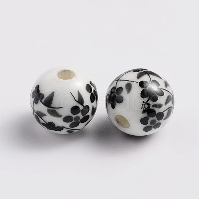8mm Round Black Floral Printed Porcelain Beads X-PORC-Q201-8mm-5-1