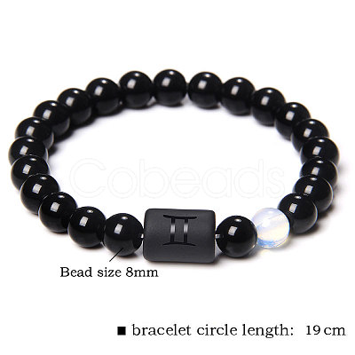 12 Constellations Protetion Aquamarine & Black Obsidian Round Beads Stretch Bracelets for Men Women WG083ED-12-1