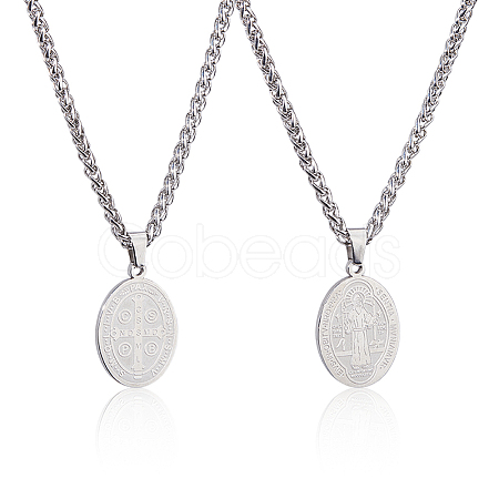 2Pcs Stainless Steel Saint Benedict Oval Medal Pendant Wheat Chain Necklaces NJEW-DC0001-20P-1
