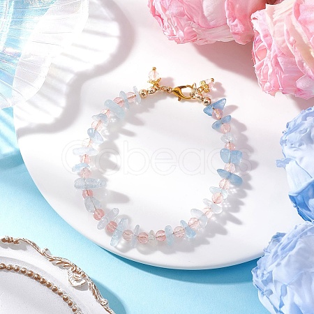 Cherry Quartz Glass & Natural Aquamarine Chips Beaded Bracelets for Women BJEW-JB12526-02-1