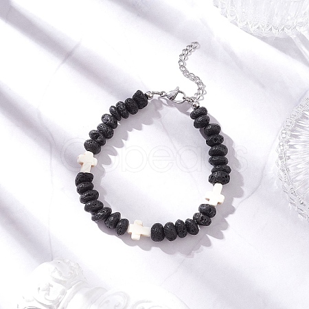 Synthetic Turquoise Cross & Natural Lava Rock Nuggets Beaded Bracelets BJEW-JB12193-01-1