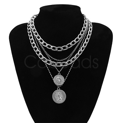 Punk Flat Round with Human Pattern Alloy Multi Layered Necklaces FS-WG0D034-02-1