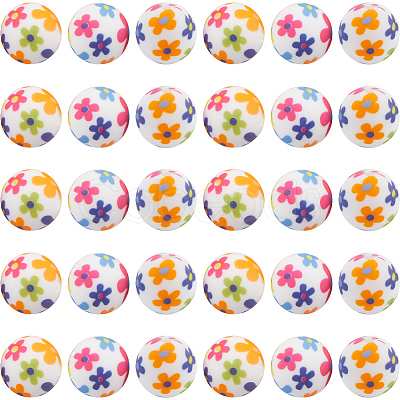 30pcs Round with Flower Pattern Silicone Focal Beads SIL-SC0002-03B-1