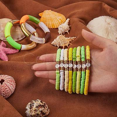 10Pcs 10 Style Handmade Polymer Clay Heishi Beaded Stretch Bracelets Set with Heart BJEW-SW00036-04-1