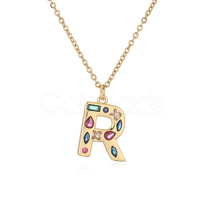 Brass Pave Colorful Cubic Zirconia Initial Pendant Necklaces for Women FS-WG02860-18-1
