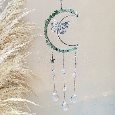 Natural Green Aventurine Chip Wrapped Moon with Butterfly Hanging Ornaments PW-WG67734-03-1