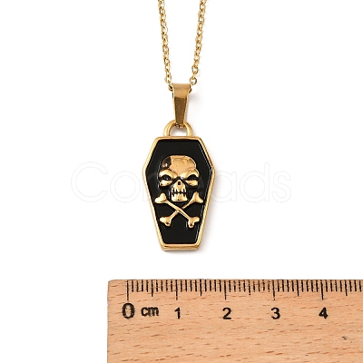 Halloween Theme 304 Stainless Steel Black Enamel Coffin with Skull Pendant Necklaces for Men NJEW-Z090-01G-1