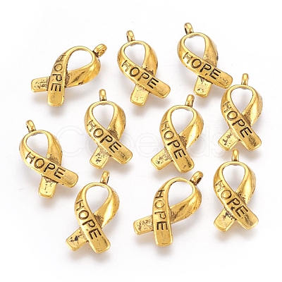 Breast Cancer Awareness Ribbon Carved Word Hope Tibetan Style Alloy Message Pendants TIBEP-S278-AG-FF-1