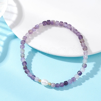Natural Mixed Gemstone Cube Beads Stretch Bracelets for Women BJEW-JB13179-1