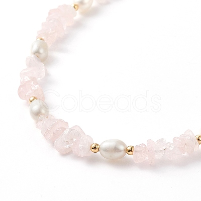 Natural Rose Quartz Chips & Pearl Beaded Necklace NJEW-JN04008-01-1