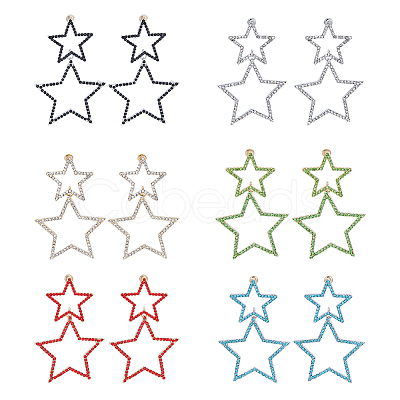 FIBLOOM 6 Pairs 6 Colors Alloy Hollow Star Dangle Stud Earrings with Rhinestone for Women EJEW-FI0001-87-1