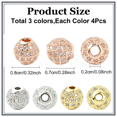 12Pcs 3 Colors Brass Cubic Zirconia Beads ZIRC-YW0001-25-1