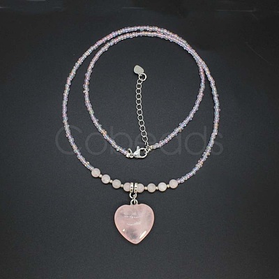 Natural Gemstone Heart Pendant Colorful Glass Seed Beads Beaded Necklaces for Women VA8487-2-1
