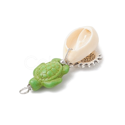 5Pcs 5 Styles Natural Cowrie Shell & Dyed Synthetic Turquoise Turtle Copper Wire Wrapped Pendants PALLOY-JF04034-01-1