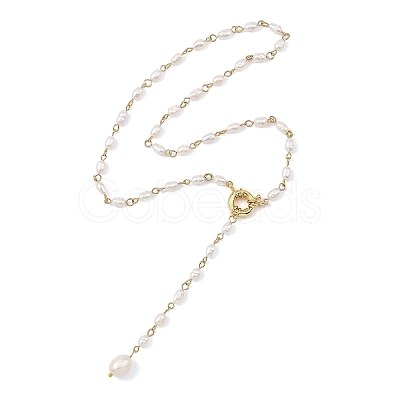 Adjustable 304 Stainless Steel Natural Pearl Rice Link Chain Lariat Y Tassel Necklaces for Women NJEW-JN06148-1