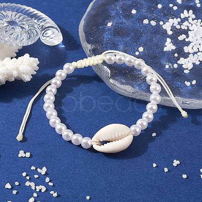 Adjustable ABS Plastic Imitation Pearl & Acrylic Shell Shape Braided Bead Bracelets BJEW-JB10104-04-1