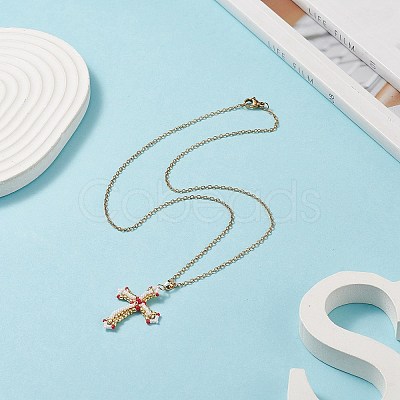 Japanese Seed Beaded Cross Pendant Necklace NJEW-MZ00013-1