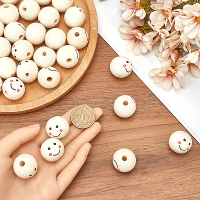 60Pcs Printed Natural Wood European Beads WOOD-GF0002-19B-1