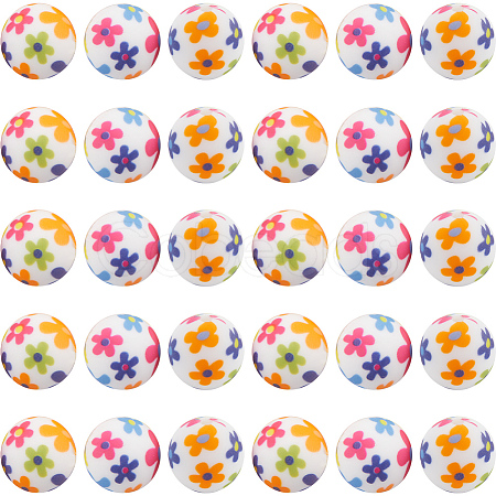30pcs Round with Flower Pattern Silicone Focal Beads SIL-SC0002-03B-1