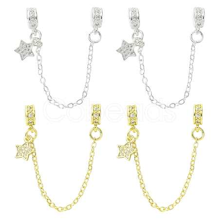 4Pcs 2 Colors Brass Pave Clear Cubic Zirconia European Safety Chains with Charms KK-CJ0003-86-1