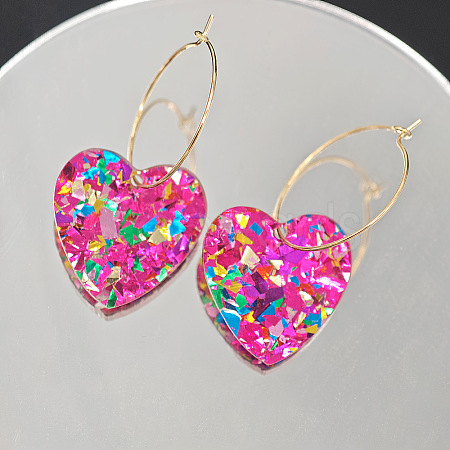 Glitter Heart Acrylic & Iron Alloy Hoop Earrings for Women FS-WG2AED5-03-1