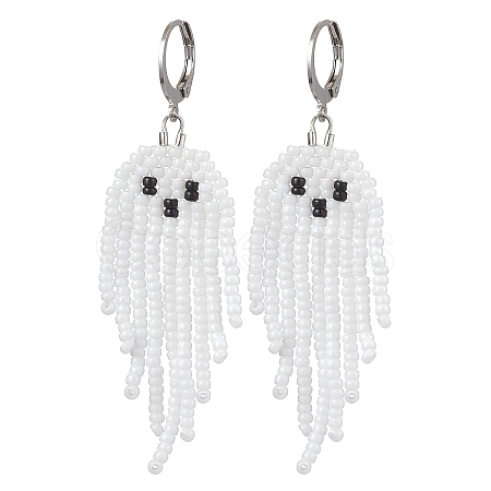 Halloween Woven MIYUKI Seed Beads Ghost Hoop Earrings EJEW-JE05854-01-1