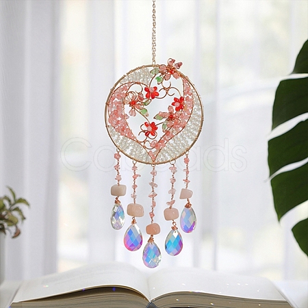 Brass Wire Wrapped Natural Rose Quartz Chips Heart Pendant Decorations HJEW-D302-14-1